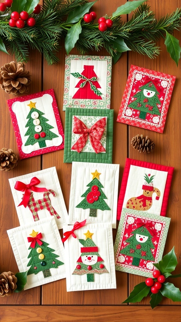 Handmade quilted Christmas cards with colorful fabric designs on a wooden table.